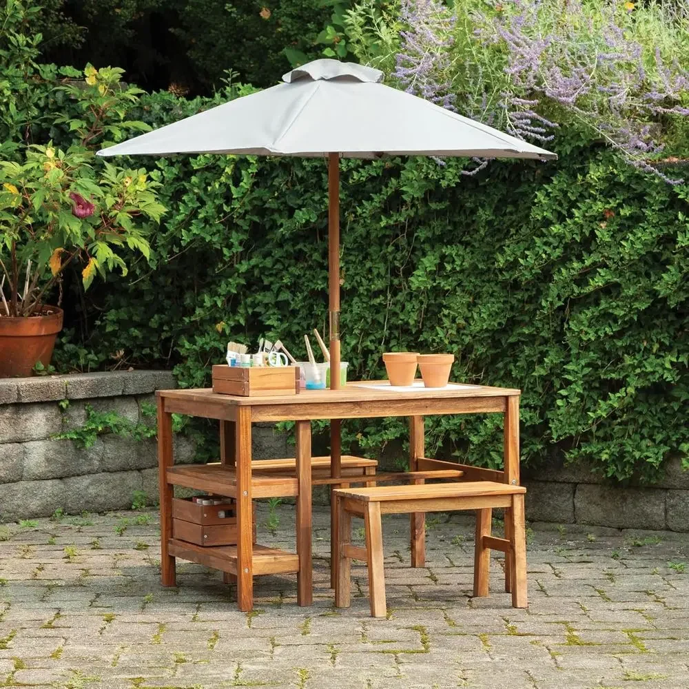 Kids Outdoor Table With Umbrella - Детский уличный стол-коробка, скамейки и комплект