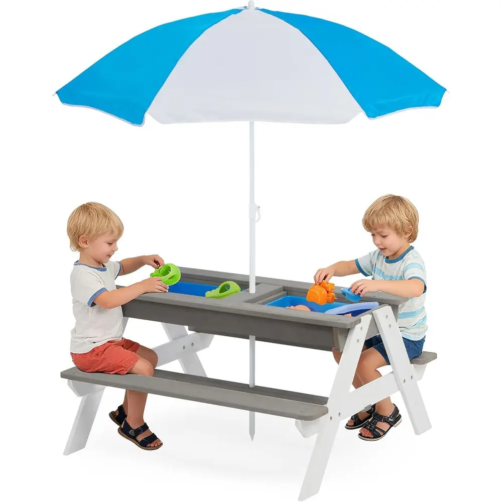 Kids Outdoor Table With Umbrella - Трансформируемый деревянный столик для пикника 3-в-1