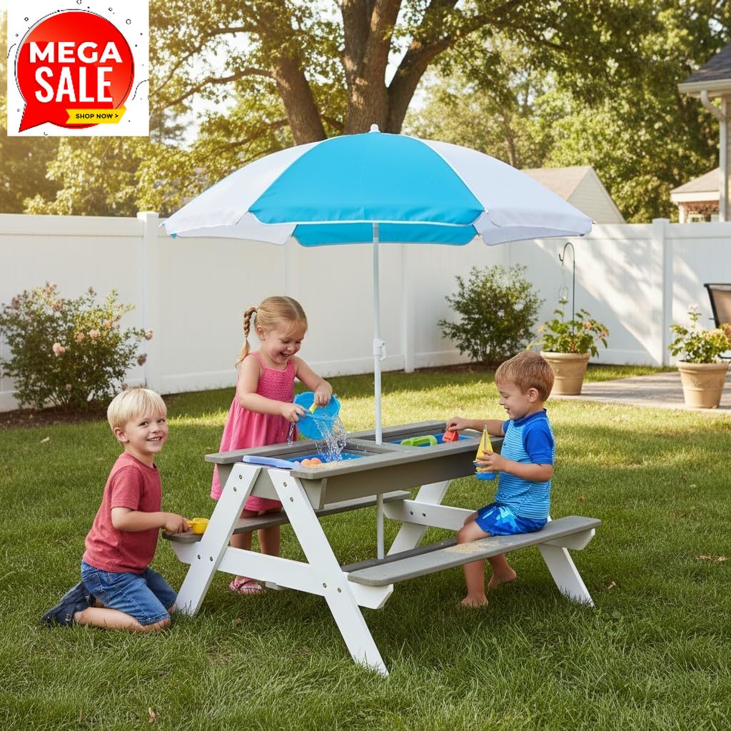 Kids Outdoor Table With Umbrella - Детский стол для пикника, деревянный стол