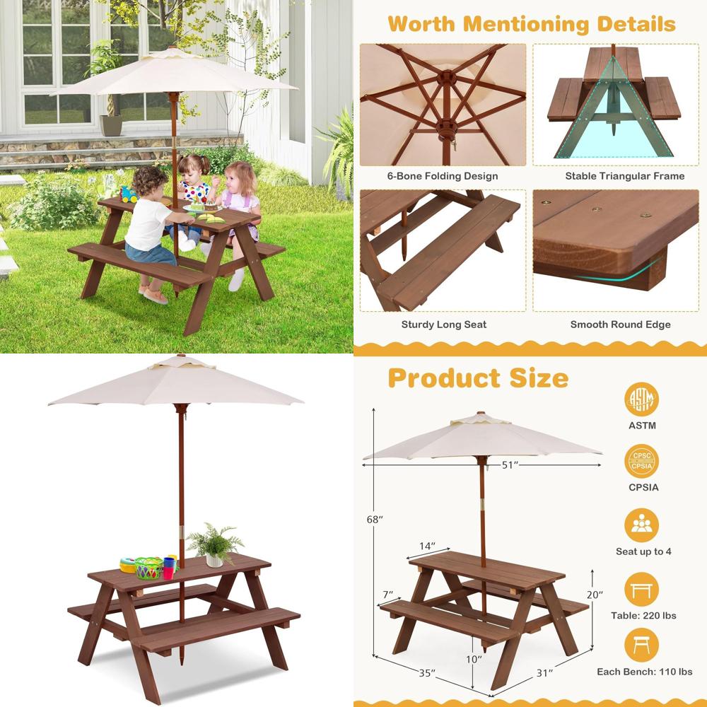 Прочный деревянный детский сто – обзор и цена Kids Outdoor Table With Umbrella